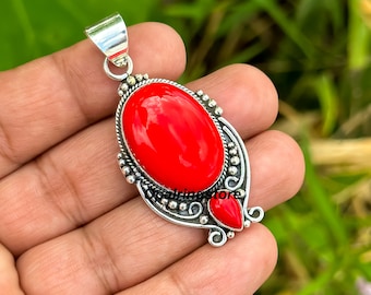 Collar con colgante de coral rojo hecho a mano en plata de ley 925