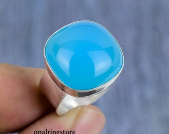 Handcrafted Aqua Chalcedony Ring: 925 Sterling Silver Statement Jewelry