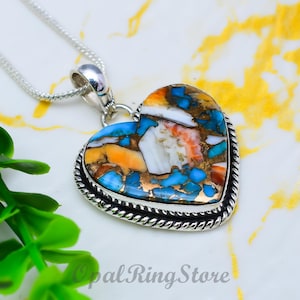 Oyster Copper Turquoise Heart Necklace, Handmade Silver Pendant, Boho Turquoise Jewelry, Genuine Gemstone Gift for Her, Heart Shape Pendant