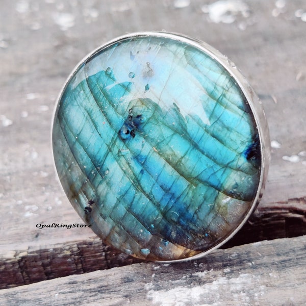 Blue Fire Labradorite Ring, 925 Sterling Silver, Boho Jewelry