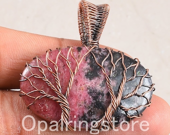 Rhodonite Tree of Life Pendant: Copper Wire Wrapped Gemstone