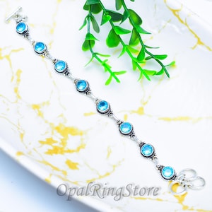 Handmade Blue Topaz Sterling Silver Bracelet, Natural Gemstone Boho Jewelry