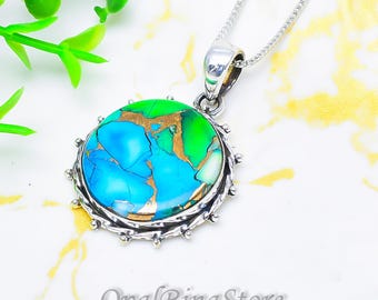 Peacock Dahila Copper Turquoise Sterling Silver Pendant, Boho Artisan Statement Necklace