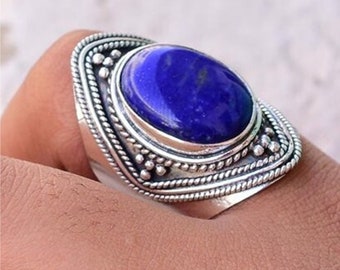 Oval Blue Lapis Lazuli Handmade Ring: 925 Sterling Silver Band