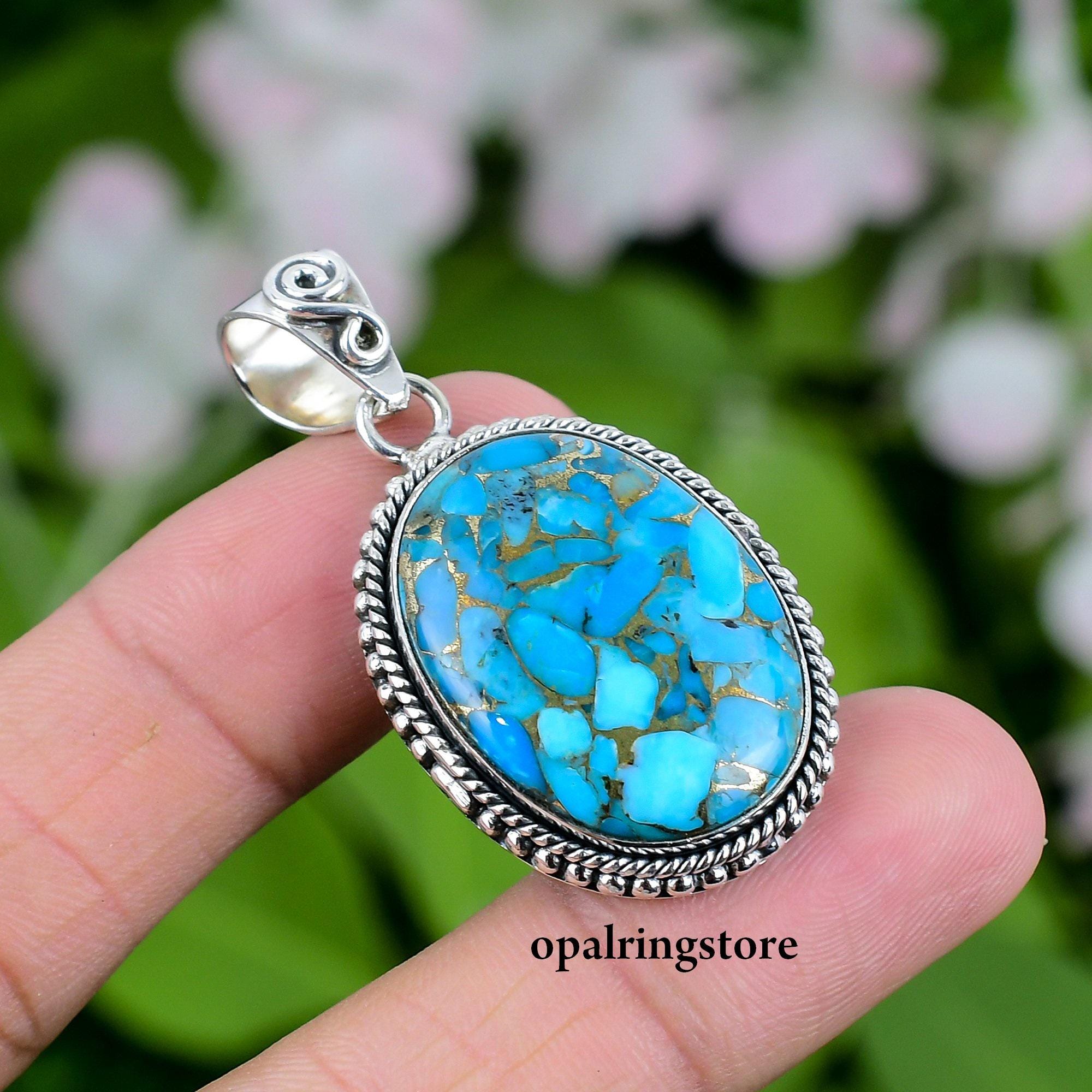 Blue Copper Turquoise Pendant: Handmade 925 Sterling Silver