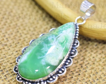 Chrysoprase Pendant: Natural Gemstone, 925 Sterling Silver Necklace