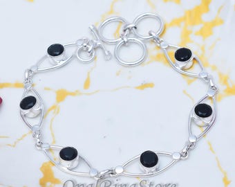 Black Onyx Sterling Silver Bracelet, Handmade Adjustable Bangle