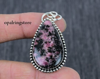 Handmade Pink Rhodonite Sterling Silver Pendant Necklace, Boho Artisan Jewelry