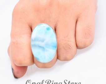 Handmade Larimar Statement Ring: 925 Sterling Silver Boho Jewelry