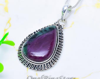 Handmade Ruby Zoisite Pendant, 925 Sterling Silver Gemstone Necklace Anniversary Gift ,Unique Pendant