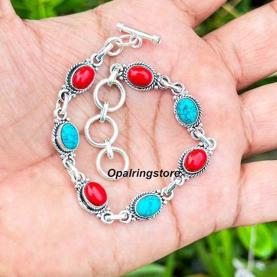 Bracelet En Turquoise Naturelle Et Corail - Fait Main, Ajustable, Pierres 65 Carats, Vintage