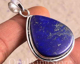 Handmade Pear Shape Lapis Lazuli Pendant: 925 Sterling Silver