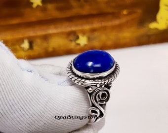 Handmade Lapis Lazuli Ring: 925 Sterling Silver Boho Statement Ring