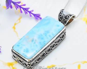 Handmade Larimar Pendant 925 Sterling Silver, Blue Larimar Necklace, Ocean Gemstone Jewelry, Boho Silver Pendant, Gift for Her