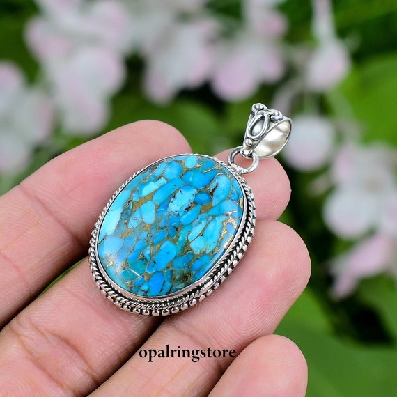 Handmade Blue Copper Turquoise Pendant: 925 Sterling Silver