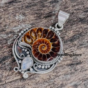 Ammonite & Moonstone Sterling Silver Pendant - Boho Fossil Necklace