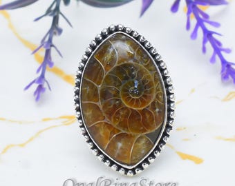 Ammonite Fossil Sterling Silver Ring, Adjustable Boho Statement Jewelry