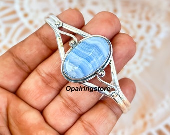 Blue Lace Agate Gemstone Bangle: 925 Sterling Silver Handmade Jewelry