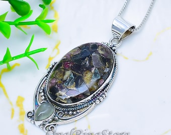 Watermelon Tourmaline Moonstone Sterling Silver Pendant – Pear Gemstone Boho Necklace