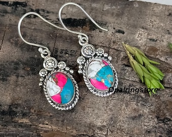 Cotton Candy Turquoise Gemstone Earrings: Sterling Silver Boho Handmade Jewelry
