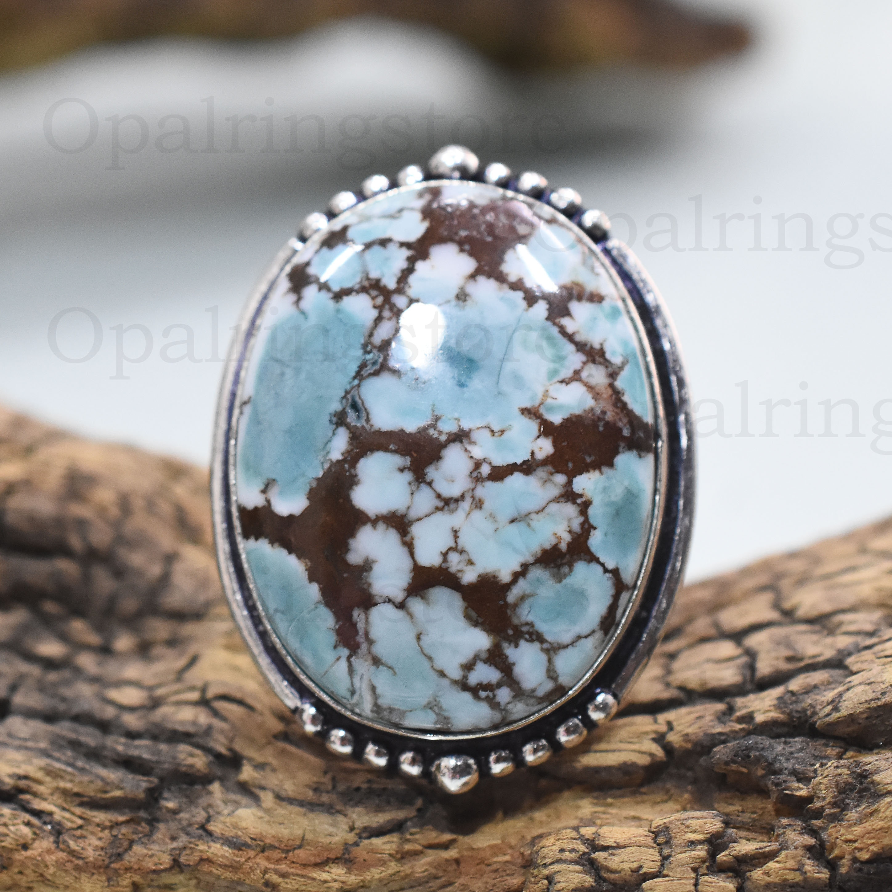 Handmade Tibetan Turquoise Ring: 925 Sterling Silver Band