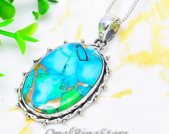 Peacock Dahila Copper Turquoise Sterling Silver Pendant, Boho Artisan Statement Necklace