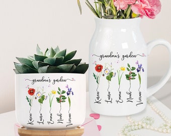 Grandma's Garden Plant Pot, Birth Month Flower Pot, Grandma FLower Vase, Ceramic Vase, Mothers Day Gift, Grandma Gift, FLower Vase