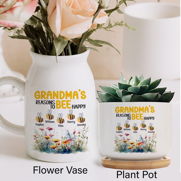 Grandmas Bee Garden Flower Vase, Custom Grandkid Name Vase, Nanas Garden Vase, Nana Flower Vase, Mothers Day Gift, Grandma Gift