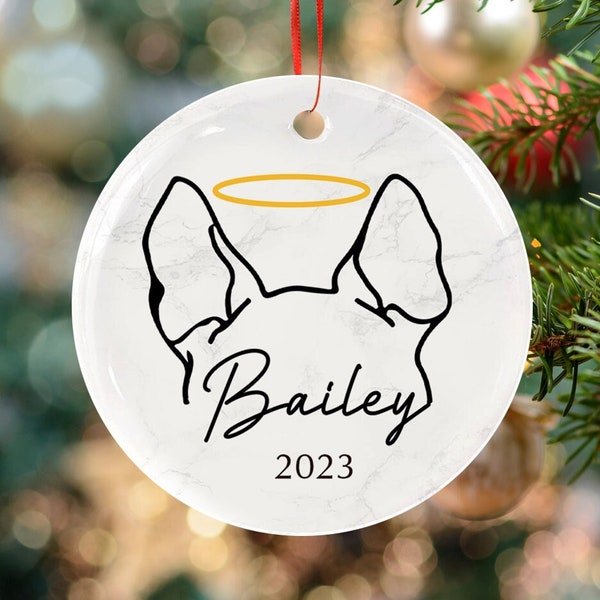 Dog Memorial Ornament, Custom Dog Ears Drawing Line Art Ornament, Dog Memorial Gift, Custom Dog Name Ornament, Dog Lover Gift, Dog Loss Gift