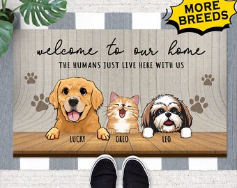 Pet Doormat Custom, Welcome To Our Home, Dog Cat Door Mat, Dog Doormat, Welcome Doormat, Gift For Pets, Dog Mom Gifts, Dog Cat Lover Gifts