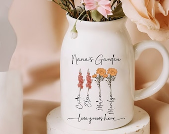 Grandma's Garden Vase, Nana Flower Vase, Custom Birth Flower Month Vase, Grandma Vase,  Gift Grandma, Nana Gift, Mothers Day Gift