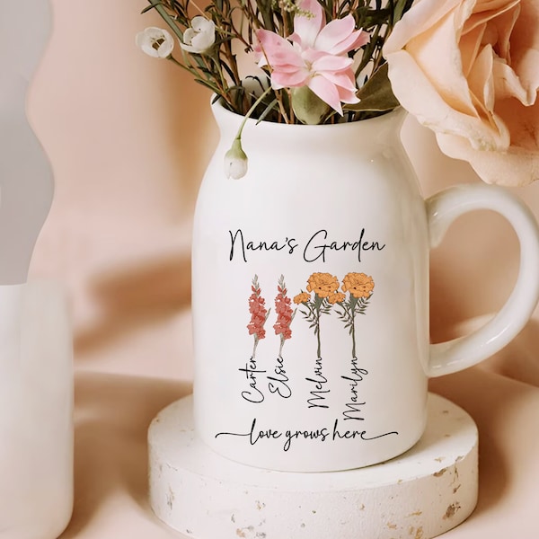Grandma's Garden Vase, Nana Flower Vase, Custom Birth Flower Month Vase, Grandma Vase,  Gift Grandma, Nana Gift, Mothers Day Gift