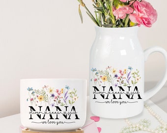 Custom Nana Flower Vase, Grandma Flower Vase, Mothers Day Gift, Grandma Gift, Floral Ceramic Vase, Custom Grandkids Name Vase