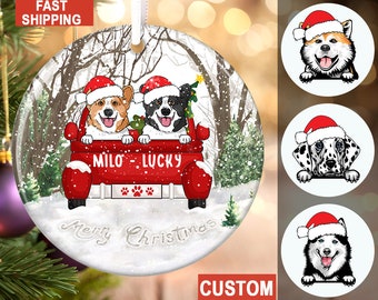 Custom Dog Ornament, Christmas Ornament, Dogs On Red Truck, Dog Lover Gift, Pet Ornament, Christmas Decorations, Christmas Tree Ornament