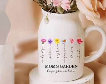 Mom's Garden Flower Vase, Custom Birth Flowers Vase, Birth Month Plant Pot, Kid Name Ceramic Vase, Gift For Mom, Mothers Day Gifts