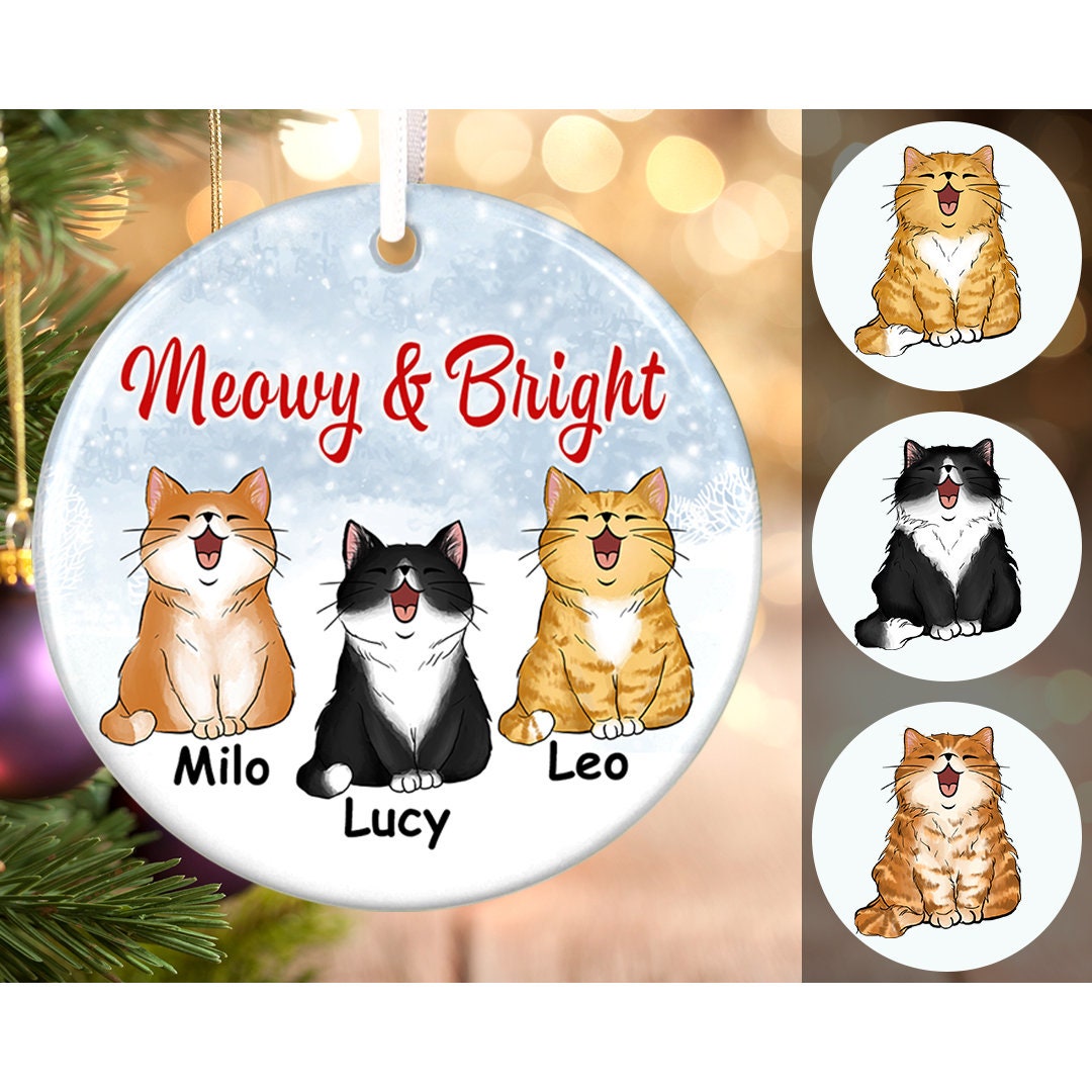 Custom Cat Ornament, Cat Christmas Ornament, Meowy & Bright, Cat Lover ...