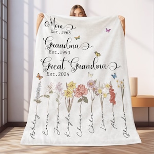 Custom Mom Grandma Great Grandma Blanket, Grandma Gift, Birth Month Flower Mom Grandma Blanket, Personalized Birth Flower, Grandma Blanket