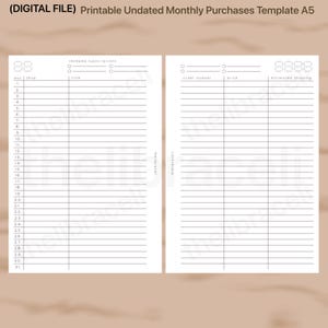 Op de afbeelding: Een digitaal printbaar ongedateerd sjabloon voor maandelijkse aankopen in A5-formaat, bestaande uit twee witte pagina's met zwarte lijnen en tekst. De lay-out bevat kolommen voor dag, winkel, titel, bestelnummer, prijs en geschatte verzendkosten, met ruimte voor 31 regels.