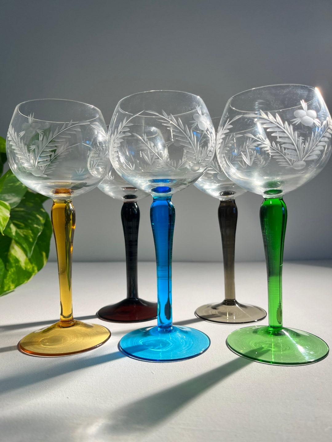Set of 5 Vintage Coloured Stem Hock Wine Glasses Etsy UK