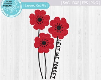 May include: Red poppy flowers with black stems and centers. The text "Lest We Forget" is written vertically in black.
