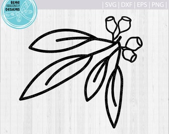 May include: Black and white line art illustration of a eucalyptus branch with leaves and buds. The branch is curved and the leaves are long and narrow. The buds are round and have a simple design.
