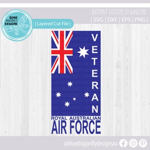 Op de afbeelding: Een digitaal snijbestand met de Australische vlag en de woorden "Veteran" en "Royal Australian Air Force".