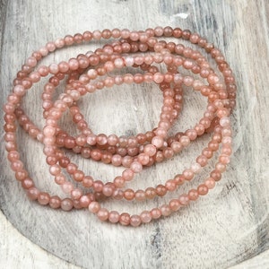 Peach Moonstone Bracelet – 4mm Crystal Beads, Dainty Stacking Jewelry with Meaning Card & Gift Packaging