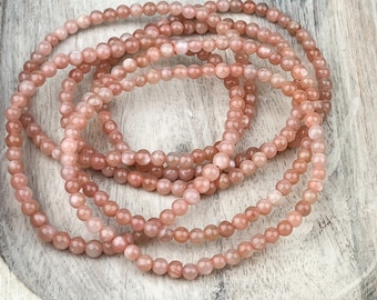 Peach Moonstone Bracelet – 4mm Crystal Beads, Dainty Stacking Jewelry with Meaning Card & Gift Packaging