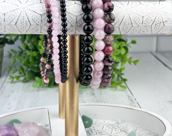 Dainty Gemstone Stress Relief Bracelets: Black Tourmaline, Rose Quartz, Rhodonite Stacking Set