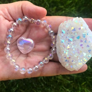 Rainbow Energy Angel Aura Quartz Crystal Set - Cluster, Bracelet, Heart - Uplift Your Spirit and Embrace Playfulness