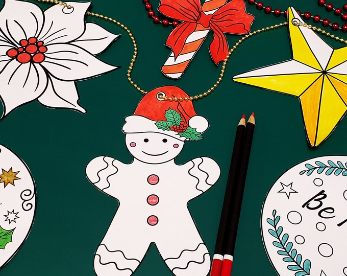 Christmas Themed 12 Printable Coloring Decorations - Activity for Kids and Adults - Xmas Holidays - Ornaments - Cut out - Coloring Pages
