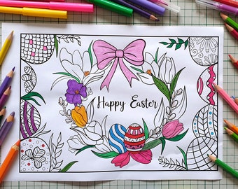 Easter Printable Coloring Pdf Book, 6 Pages, Easter Bunny, Easter Chick, Wreath, Basket, Rabbit Easter Eggs, Easter Kids Activity, Colouring