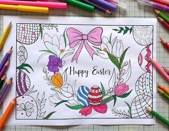 Easter Printable Coloring Pdf Book, 6 Pages, Easter Bunny, Easter Chick, Wreath, Basket, Rabbit Easter Eggs, Easter Kids Activity, Colouring