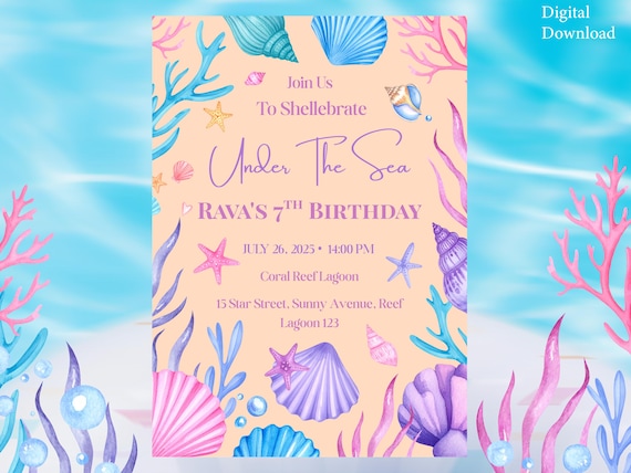 Editable Beach Party Invitation  - Under the Sea Birthday Invite - Summer Birthday Party - Canva Template - Printable Instant Download